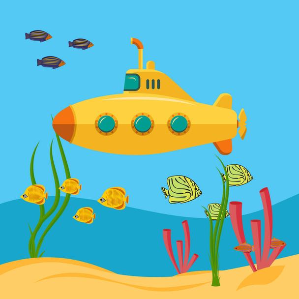 Yellow submarine, Underwater world. Expedition in the depths of the sea. Bathyscaphe with periscope. Flat cartoon style. Vector image. - Vettoriali, immagini