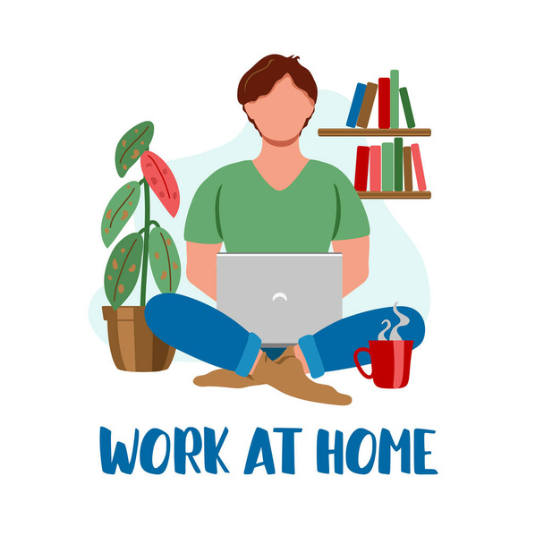 ノートパソコンを持っているか、自宅で勉強している男。自宅で自己隔離、ウイルスからの保護。仕事、フリーランス、勉強、教育、家庭からの仕事のための概念図。テキストとフラットスタイルでベクトルイラスト自宅で仕事 - ベクター画像