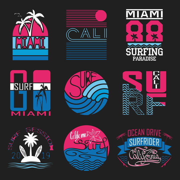 Yaz ve sörf temalı tişörtlerin vektör görüntüleri. Sörf. Tipografi, logolar, rozetler ve diğer kullanımlarda kullanılmak üzere. - Vektör, Görsel