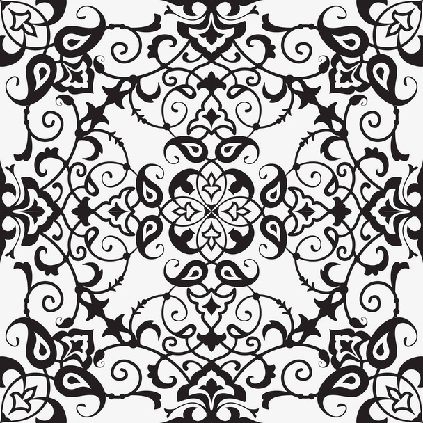 Украшенный цветочный фон, бесшовный узор в черно-белом
 - Вектор,изображение