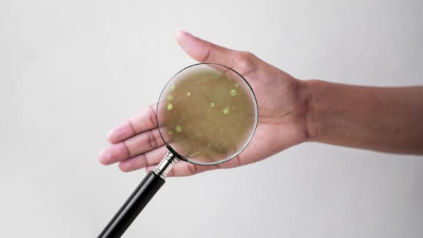 vergrootglas met virusbacteriën bij de hand, reikend naar handdruk - Video