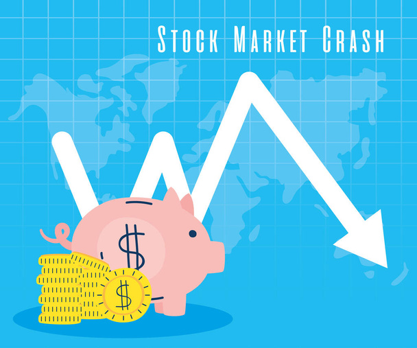 株式市場のクラッシュアイコンを矢印で貯金豚 - ベクター画像