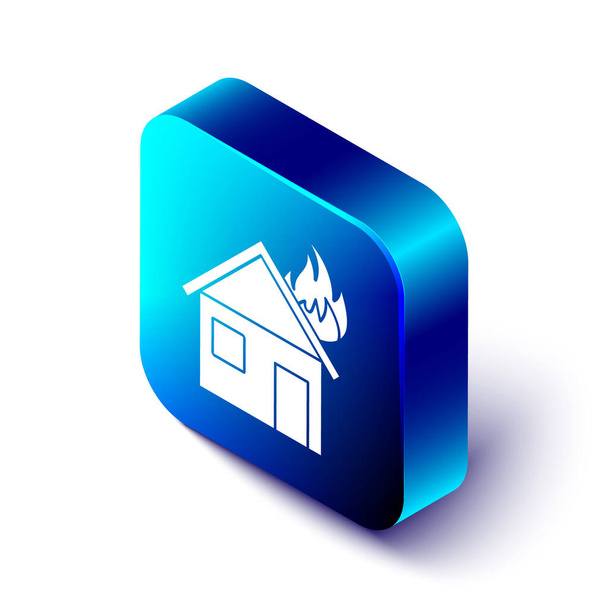 Ισομετρική πυρκαγιά σε φλεγόμενο σπίτι εικονίδιο απομονώνονται σε λευκό φόντο. Μπλε τετράγωνο κουμπί. Εικονογράφηση διανύσματος - Διάνυσμα, εικόνα
