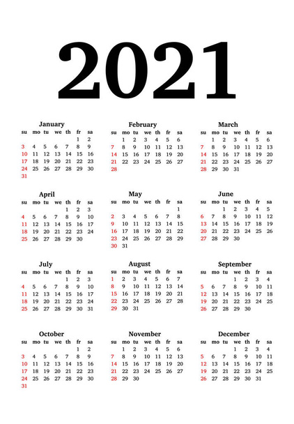 Calendar for 2021 isolated on a white background - Vector, Image