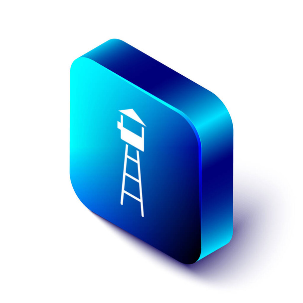 Isometric Watch tower icon isolated on white background. Prison tower, checkpoint, protection territory, state border, military base. Blue square button. Vector Illustration - Vector, Image
