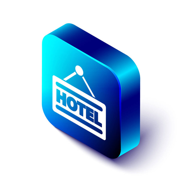 Isometrische Außenwerbung mit Hotelsymbol auf weißem Hintergrund. Blauer quadratischer Knopf. Vektorillustration - Vektor, Bild