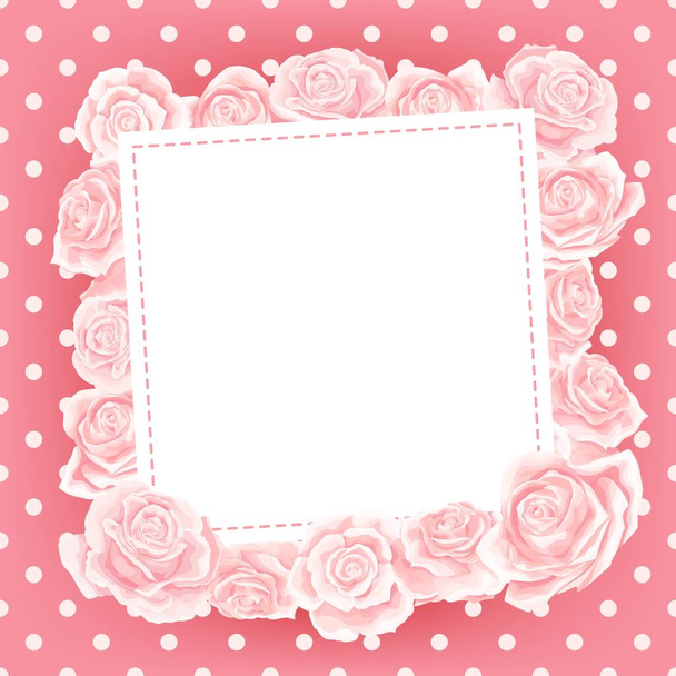 ピンククリームのベクトルポストカードテンプレートは、ポルカドットの背景に花をバラ - ベクター画像