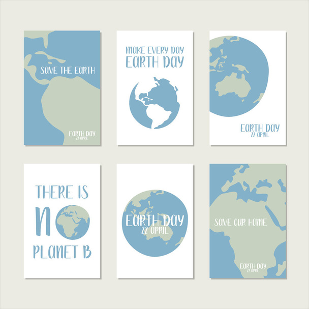 Happy Earth Day, environment safety celebration. Vector set of 6 ready-to-use card. Perfect for print, social poster, ecology postcard, flyer - Vettoriali, immagini