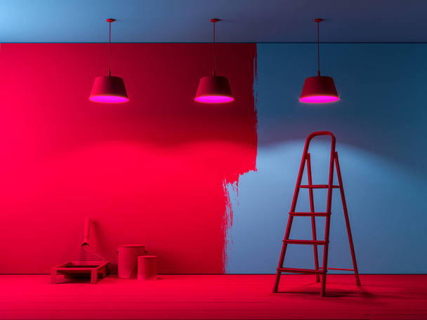 Reparation of Home: Painting The Wall in Red Bright Color. Ladder, Brushes, Paddle Roller, Paint Cans, 3d Rendering - Fotó, kép