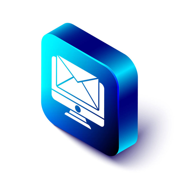 İzometrik monitör ve zarf, yeni mesaj, beyaz arkaplanda izole edilmiş posta simgesi. E-posta bültenleri, başlıklar, blog yazıları için kullanım. Mavi kare düğme. Vektör İllüstrasyonu - Vektör, Görsel