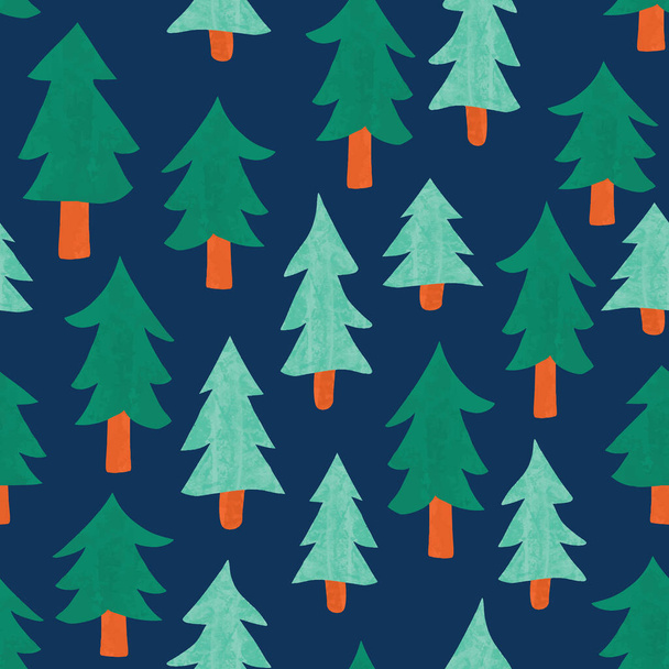 Δέντρο Fir δάσος αδιάλειπτη διανυσματικό μοτίβο. Επαναλαμβανόμενο φόντο με αφηρημένα έλατα ζωγραφισμένα στο χέρι με υφή σε σκούρο μπλε φόντο. - Διάνυσμα, εικόνα