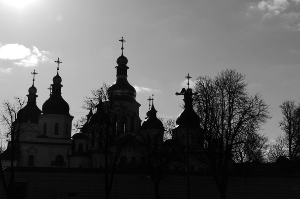 Vista de las cúpulas de las iglesias con cruces, y detrás - un parque natural
. - Foto, Imagen