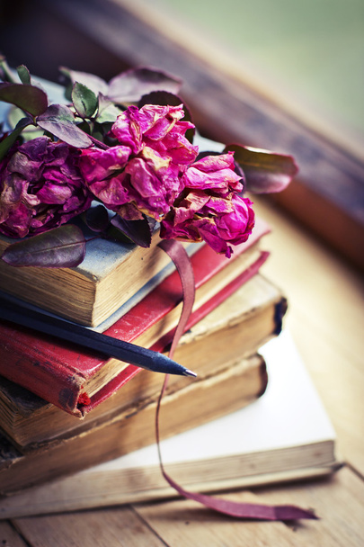 Trockene Rosen und Bücher - Foto, Bild