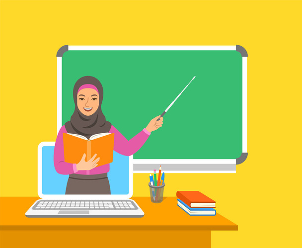 Concepto de educación online. Educación en casa en cuarentena. Aprendizaje a distancia por computadora. Maestra árabe musulmana en clase virtual sostiene libro abierto y apunta a pizarra. Dibujos animados vector ilustración
 - Vector, imagen