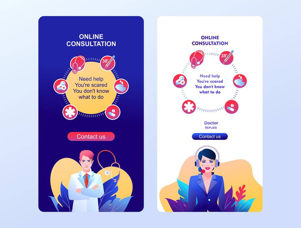 Medical concept, coronavirus flu epidemic, communication with a doctor online help, consultation, news, service, population support, mobile app page template, website interface layout, - Vector, Image