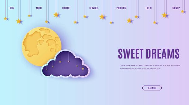 Night sky in paper cut style. Cut out 3d vector website template with violet and blue gradient cloudy landscape with stars and cloud papercut art. Cute origami cloud. Vector card for wish good night - Vector, Image