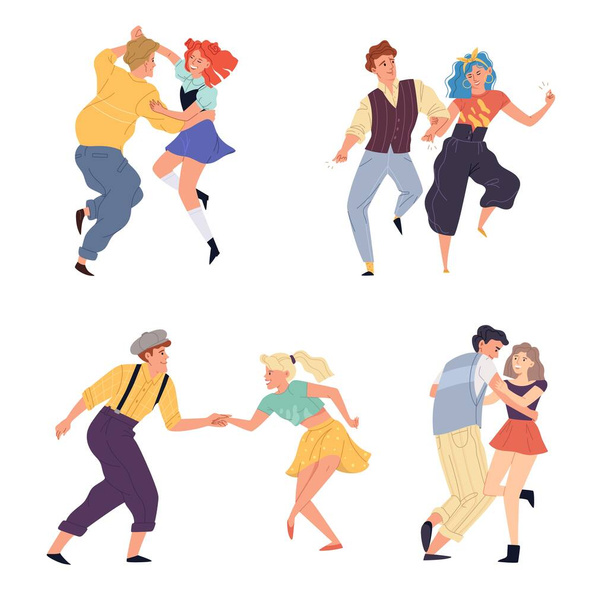Векторна ілюстрація пари танцюючого набору. Молодий чоловік і жінка танцюють на ретро-вечірці або ностальгічній дискотеці 1950-х, 1960-х, 1970-х років. Партнери мультиплікаційного персонажа на старовинній бальній кімнаті, музичному клубі
 - Вектор, зображення