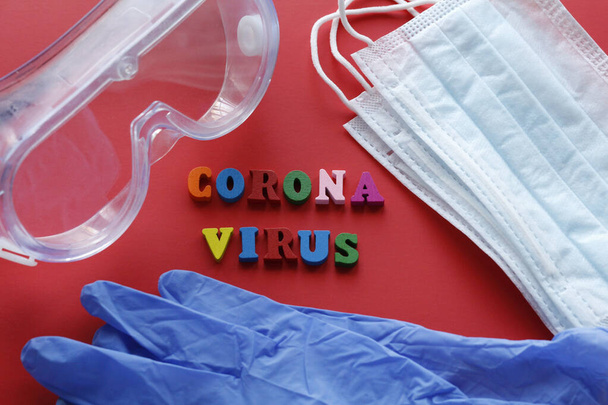 Written CORONAVIRUS. Quarantine prophylaxis of coronavirus. Pandemic of the 21st century. Epidemic prevention. Do not leave home. Red background. - Foto, afbeelding
