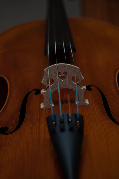 мост и эфе коричневой деревянной виолончели, играющей музыку для оркестра
 - Фото, изображение