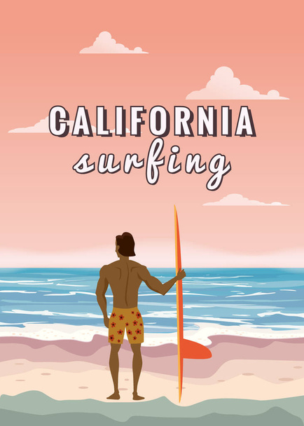 Surfista in piedi con tavola da surf sulla spiaggia tropicale vista posteriore. California palme da surf tema oceano. Illustrazione vettoriale poster banner modello isolato
 - Vettoriali, immagini