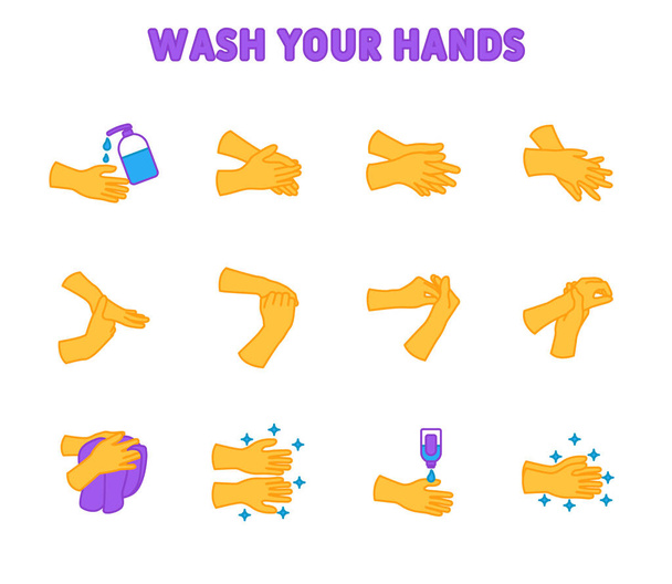 インフォグラフィックやウェブサイト用に設定された手のアイコンを洗う.手洗いで一歩ずつ。衛生関連ベクトルラインのアイコンの色のシンプルなセット。手洗いカラーラインアイコンセット. - ベクター画像