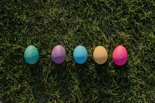 easter eggs on green grass lined - Photo, Image