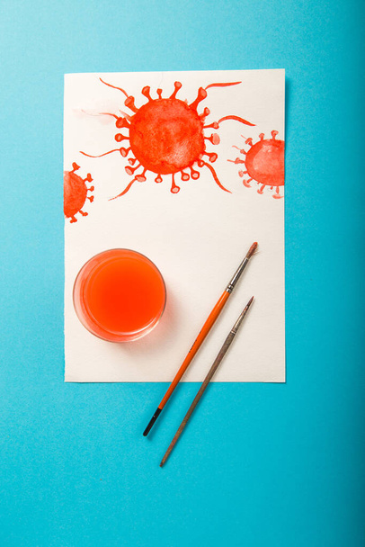 Kresba akvarelem s textovým koronavirem, model viru. Pandemický poplach. - Fotografie, Obrázek
