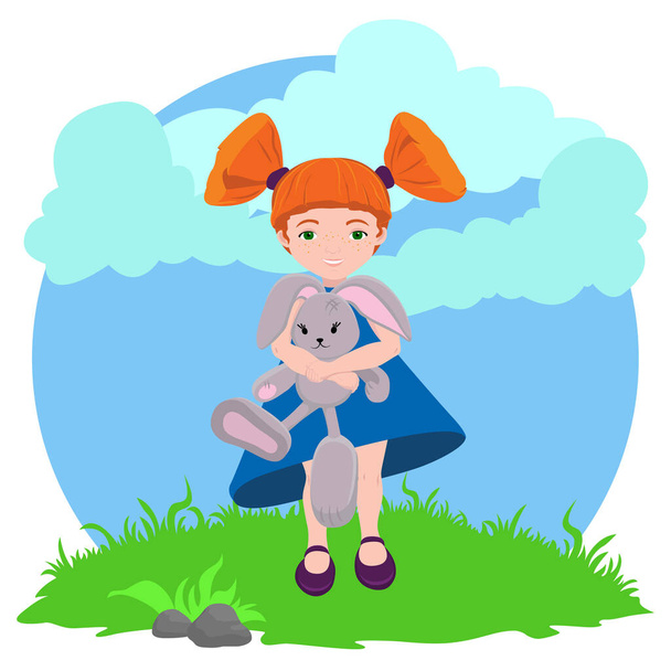 Векторная иллюстрация рыжеволосой девочки с игрушечным кроликом
. - Вектор,изображение