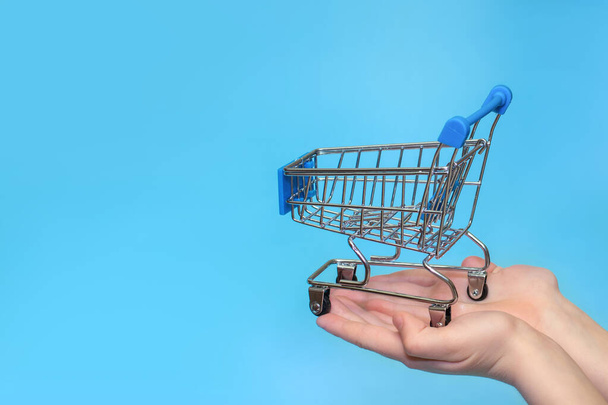 Shopping cart in female hands isolated on blue background.Shopping, shopping online concept. - Photo, Image