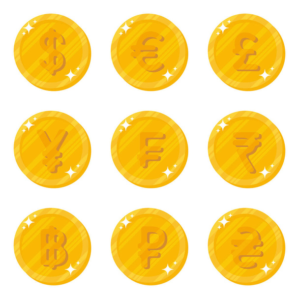 Zlaté mince se symbolem měny v plochém stylu. Ikona peněz. Vektor. - Vektor, obrázek