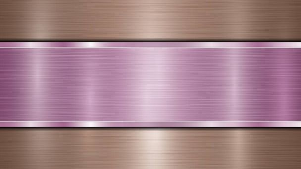 Achtergrond bestaande uit een bronzen glanzend metallic oppervlak en een horizontale gepolijste paarse plaat centraal gelegen, met een metalen textuur, glaren en gepolijste randen - Vector, afbeelding