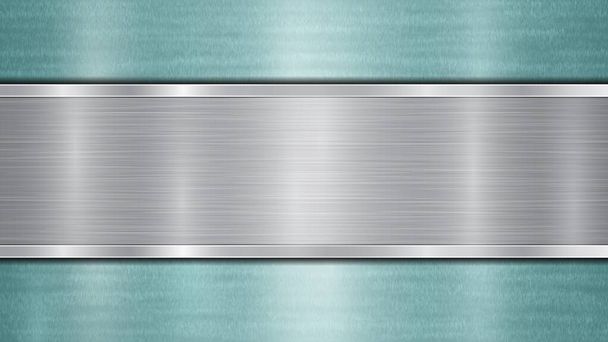 Fondo compuesto por una superficie metálica brillante de color azul claro y una placa horizontal de plata pulida situada en el centro, con textura metálica, reflejos y bordes bruñidos
 - Vector, imagen