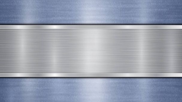 Tło składające się z niebieskiej błyszczącej powierzchni metalicznej i jednej poziomej polerowanej srebrnej płyty umieszczonej centralnie, o metalowej fakturze, szkle i pomalowanych krawędziach - Wektor, obraz