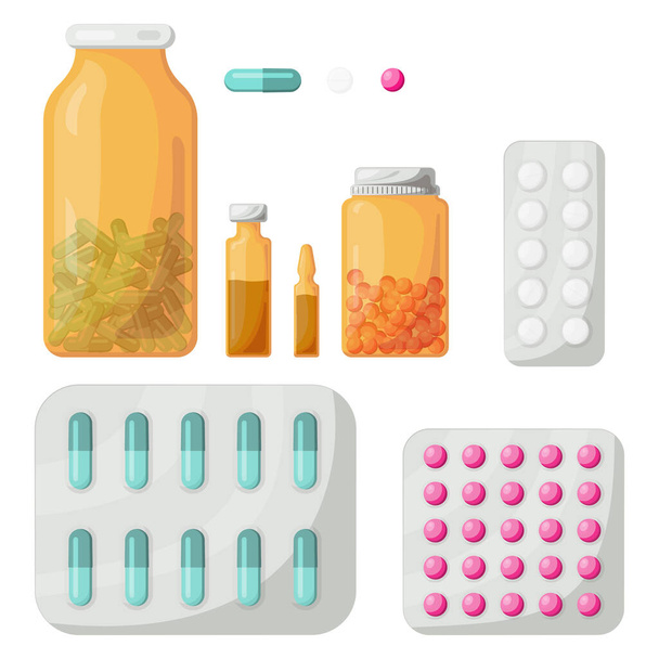 Verzameling van apotheek drug in fles en doos. Medicijnpil. Medicijnen, medicijnen. Ziekenhuisset drugs. Vectorillustratie. - Vector, afbeelding