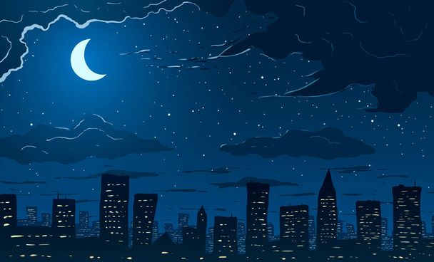 Vector illustration. Skyscrapers in big city at night. - Vetor, Imagem