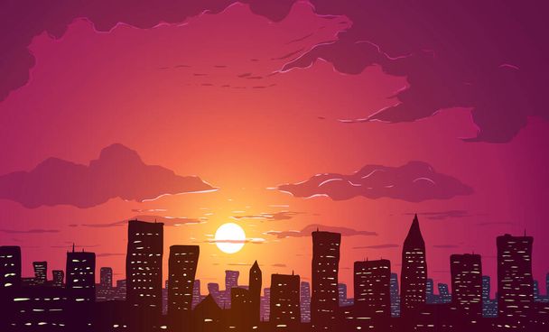 Vector illustration. Skyscrapers in big city at sunset. - Vektor, kép