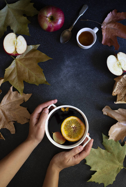 Female hands holding mug with mulled wine. Autumn and winter warm alcoholic drink. Autumn leaves, honey, apples, oranges, vintage dishes. Autumn cozy mood. Flat lay, dark background - Photo, image