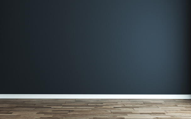 Lege kamer met moderne donkerblauwe muur en houten vloer 3d rendering - Foto, afbeelding
