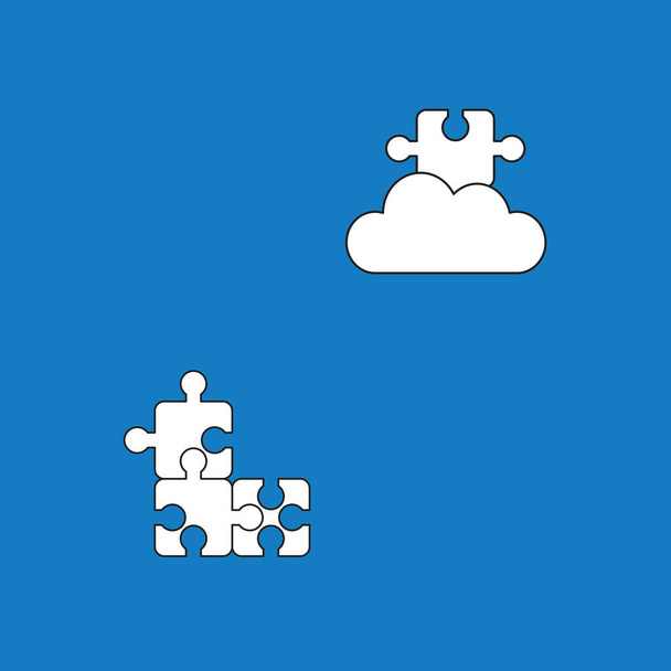 Conceito de ícone vetorial de três peças de quebra-cabeça conectadas e faltando peça de quebra-cabeça na nuvem. Cor branca com contornos pretos e fundo azul
. - Vetor, Imagem