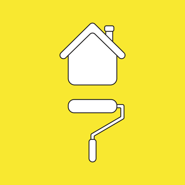 Vector icon concept of roller paint brush painting house. White color with black outlines and yellow background. - Vector, Image