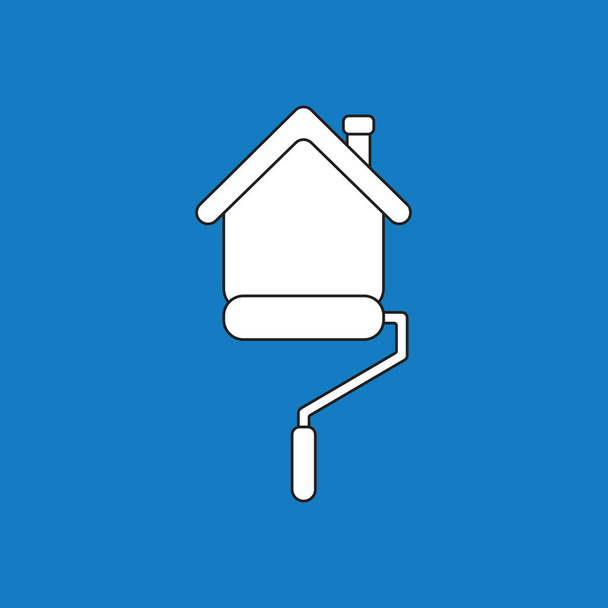 Vector icoon concept van roller verf borstel schilderen huis. Witte kleur met zwarte contouren en blauwe achtergrond. - Vector, afbeelding
