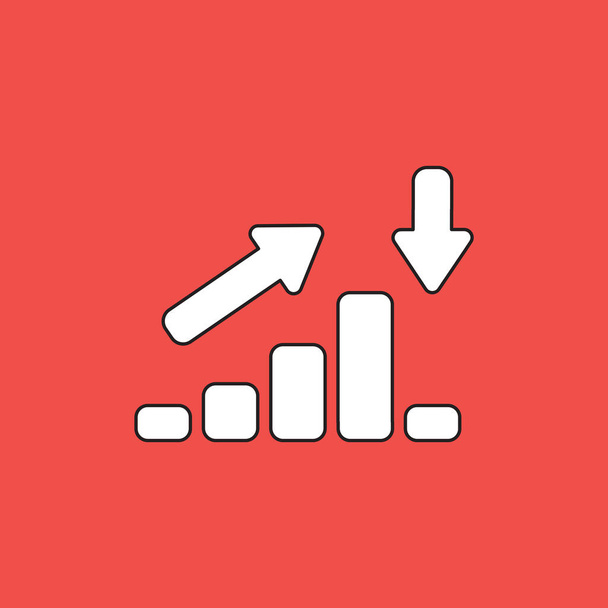 Vector icon concept of sales bar chart moving up then moving down with arrows pointing up and down. White color with black outlines and red background. - Vector, Image
