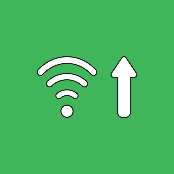 Conceito de ícone vetorial de símbolo sem fio wifi com seta movendo-se para cima simbolizando conexão de internet de alta velocidade. Cor branca com contornos pretos e fundo verde
. - Vetor, Imagem