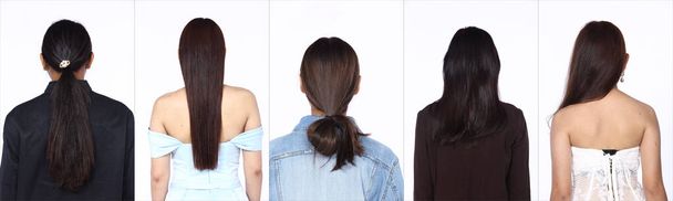 Zadní strana pohled na asijské lidi současné účes černé krátké dlouhé rovné a kudrnaté vlasy ženy v šatech ležérní šaty, studio osvětlení bílé pozadí izolované, koláž 5 osob skupina balení - Fotografie, Obrázek