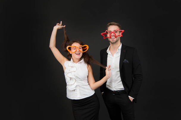 Having fun. Business academy. Business team. Office staff concept. Business education. Time for fun. Ambitious female and confident man. Woman eyeglasses attractive teacher. Business lady secretary - Fotoğraf, Görsel