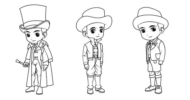 Collection of cartoon boy wearing England French and German  costume used for coloring book - Vector, Image