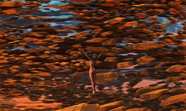 A naked girl floating in the air, controlling stone fragments. 3d rendering. - Photo, Image