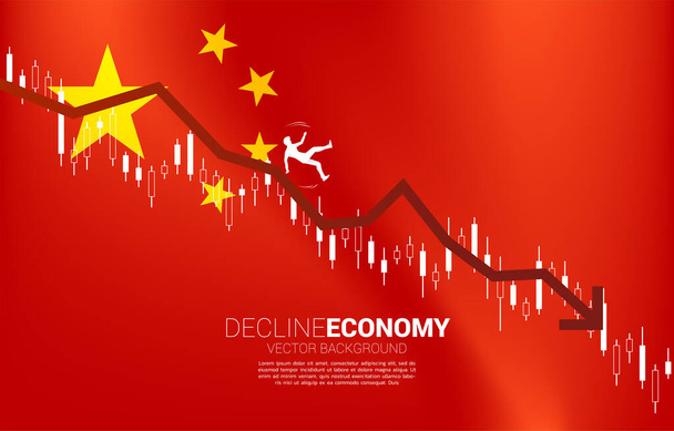 silhouette de l'homme d'affaires glisser et tomber du graphique de ralentissement avec la carte et le drapeau de la Chine. Concept d'économie en déclin en Chine
. - Vecteur, image