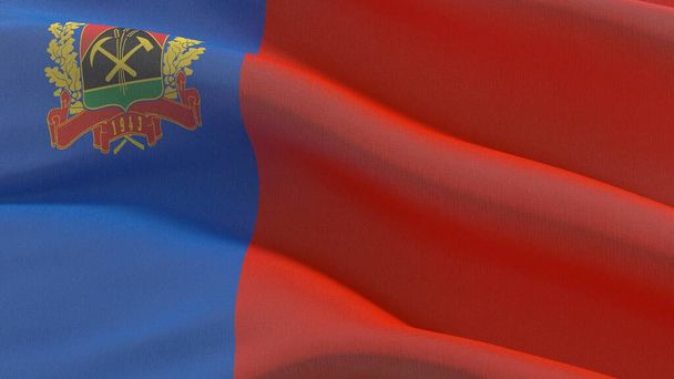 Russian region flag images - Flag of Kemerovo Oblast. Waving banner 3D illustration. - Photo, Image