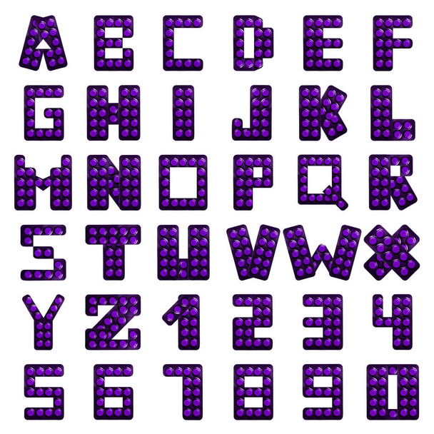 Medicine and education. The English alphabet is laid out from lilac pills on a white isolated background. - Foto, Imagen